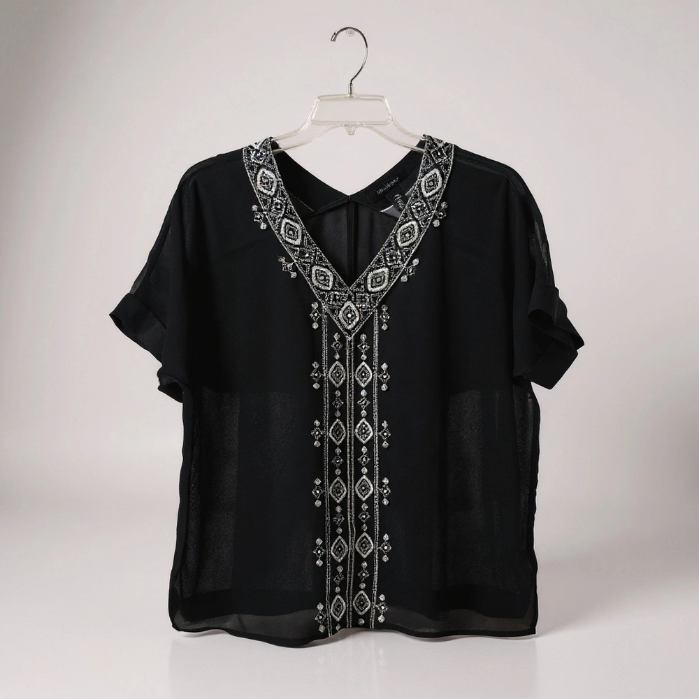 White‎ House Black Market Sheer Black Embellished Blouse Size XXS